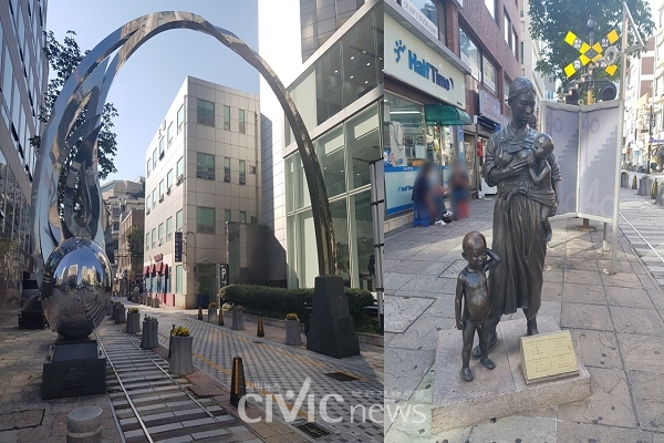 왼쪽 사진은 40계단 거리의 입구 모습. 오른쪽 사진은 입구를 지나 들어오면 보이는 피란민들의 모습을 담은 조형물(사진: 취재기자 정소희).