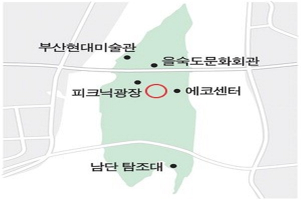 을숙도 생태공원의 핑크뮬리는 피크닉광장과 에코센터 사이 ○표 된 곳에 위치한다(사진: 낙동강하구에코센터 홈페이지).
