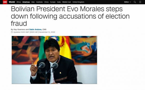 에보 모랄레스 볼리비아 대통령이 지난달 20일 치러진 대통령 선거 개표와 관련, 부정 선거 논란에 휩싸이며 자진 사퇴 의사를 밝혔다(사진: CNN 홈페이지 내 해당 기사 캡처).