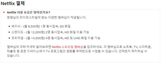 넷플릭스 홈페이지에서 넷플릭스 이용 요금을 설명하고 있다(사진: 넷플릭스 고객센터 캡처).