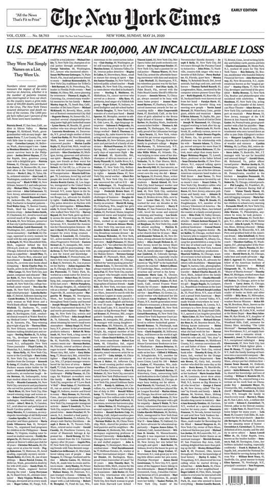 NYT는 코로나 사망자 10만명에 붙여, 그들 10만명의 삶의 요약한 특별 사망기사를 1면부터 4개면에 걸쳐 게재했다(사진; NYT PDF판 캡처).