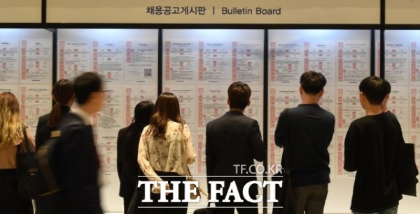 한 박람회의 채용공고게시판 앞에 서있는 취업준비생들의 모습이다(사진: 더 팩트 제공).