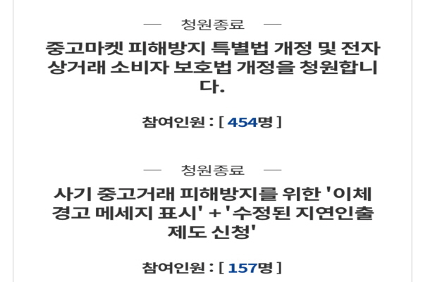 국민청원 게시판에 올라온 중고거래 피해방지 청원이다. 온라인에서 발생한 중고거래를 처벌하는 강도가 약하고 확실한 체계가 구축되지 않았다는 의견이 많다(사진 : 국민청원 웹사이트 캡처).