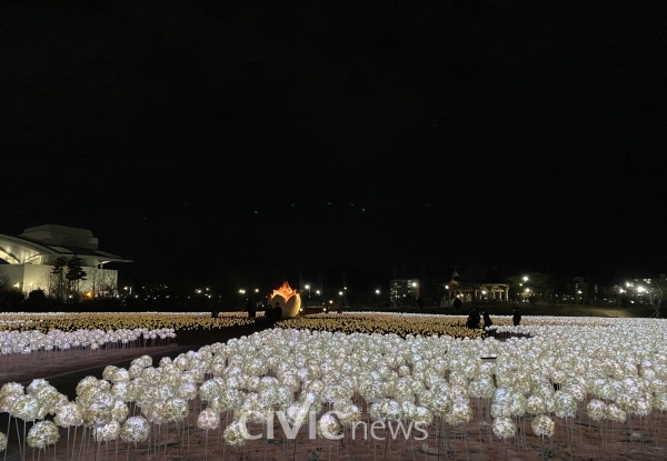 24일 저녁 빛누리 정원을 방문한 관광객들이 LED 꽃을 구경하고 있다(사진: 취재기자 신유리)