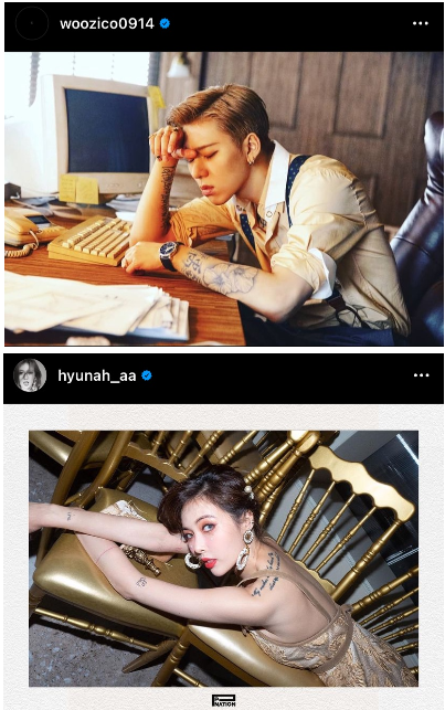 가수 지코와 현아는 각자의 스타일과 개성을 타투로 표현했다(사진: 지코 인스타그램(상), 현아 인스타그램(하) 캡처).