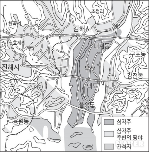 명지동과 그 일대 삼각주 지형의 지도(출처: 네이버 지식백과).