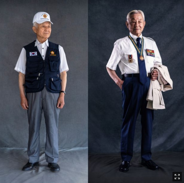 정부가 ‘6·25 참전 노병’을 위해 만든 단체복(사진=기존 단체복(왼쪽)과 새 단체복을 입은 장근식 6·25참전유공자회 부회장. 국가보훈처)
