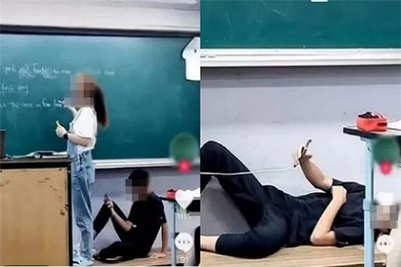 동영상 플랫폼 ‘틱톡’에 올라온 영상. 남학생이 수업 중 교단에 누워서 자신의 스마트폰을 조작하고 있다(사진: 틱톡 영상 캡처).