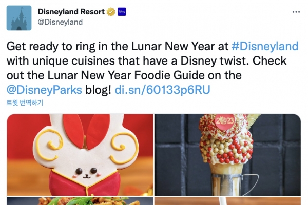 지난 12일 디즈니랜드는 설을 앞두고 ‘Lunar New Year(음력 설)’을 맞을 준비를 하라는 내용의 게시글을 올렸다(사진: 디즈니랜드 트위터 계정 캡처).