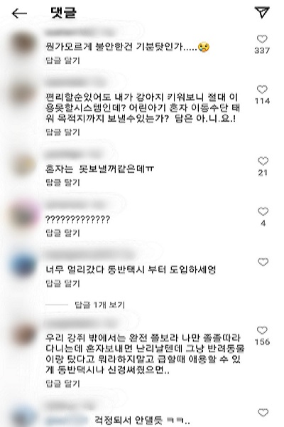 ‘카카오 T 펫 단독 픽업’ 서비스에 관한 인스타그램 게시글에 네티즌들은 불안하다는 반응을 보이고 있다(사진: 인스타그램 댓글 캡처).